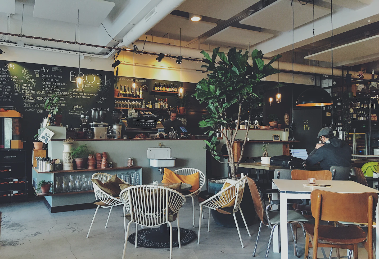Bright café corner with plants and wooden tables